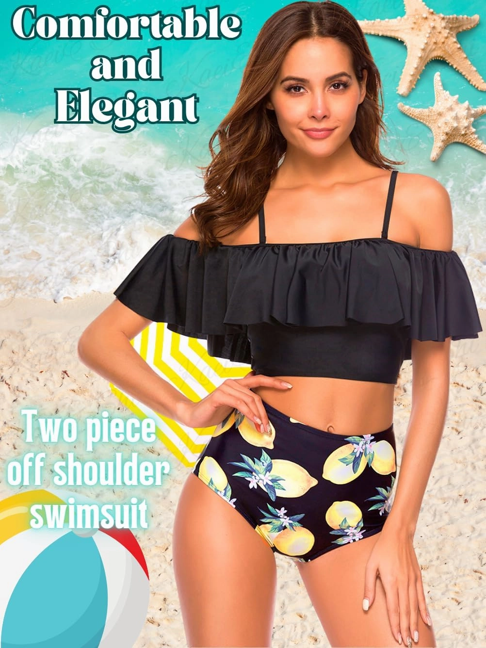 Kaei&Shi High Waisted Flounce Bikini Set,Tummy Control Swimsuits for Women,Off Shoulder