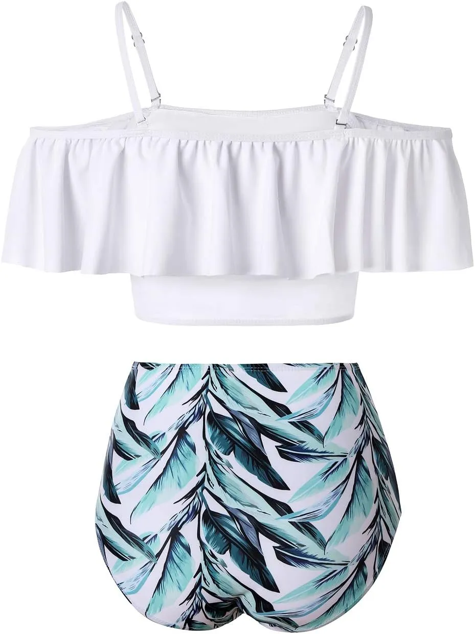 Kaei&Shi High Waisted Flounce Bikini Set,Tummy Control Swimsuits for Women,Off Shoulder