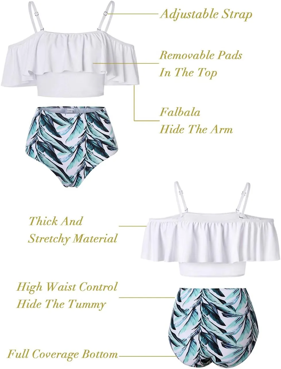 Kaei&Shi High Waisted Flounce Bikini Set,Tummy Control Swimsuits for Women,Off Shoulder