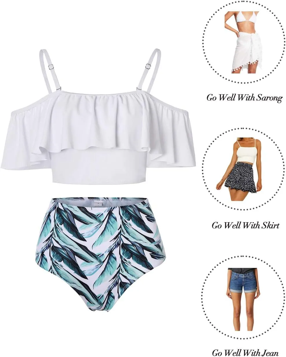 Kaei&Shi High Waisted Flounce Bikini Set,Tummy Control Swimsuits for Women,Off Shoulder