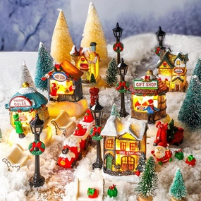Kasyat 56 Pcs Christmas Village Sets Christmas Figurines Decor LED Lighted Christmas Village Shop Building Christmas Tree Christmas Collectable Resin Ornament for Xmas Decoration and Xmas Gifts