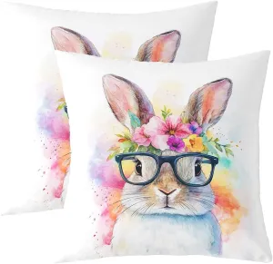 Kawaii Rabbit Pillow Covers 16"x16",Watercolor Farmhouse Rabbit Cushion Covers for Couch Sofa, Wild Aniamls Themed Outdoor Pillow Covers,Rustic Flowers Leaves Reversible Throw Pillow Covers