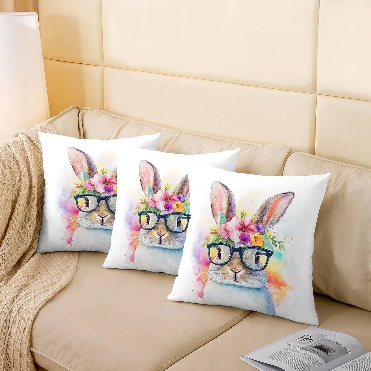 Kawaii Rabbit Pillow Covers 16"x16",Watercolor Farmhouse Rabbit Cushion Covers for Couch Sofa, Wild Aniamls Themed Outdoor Pillow Covers,Rustic Flowers Leaves Reversible Throw Pillow Covers