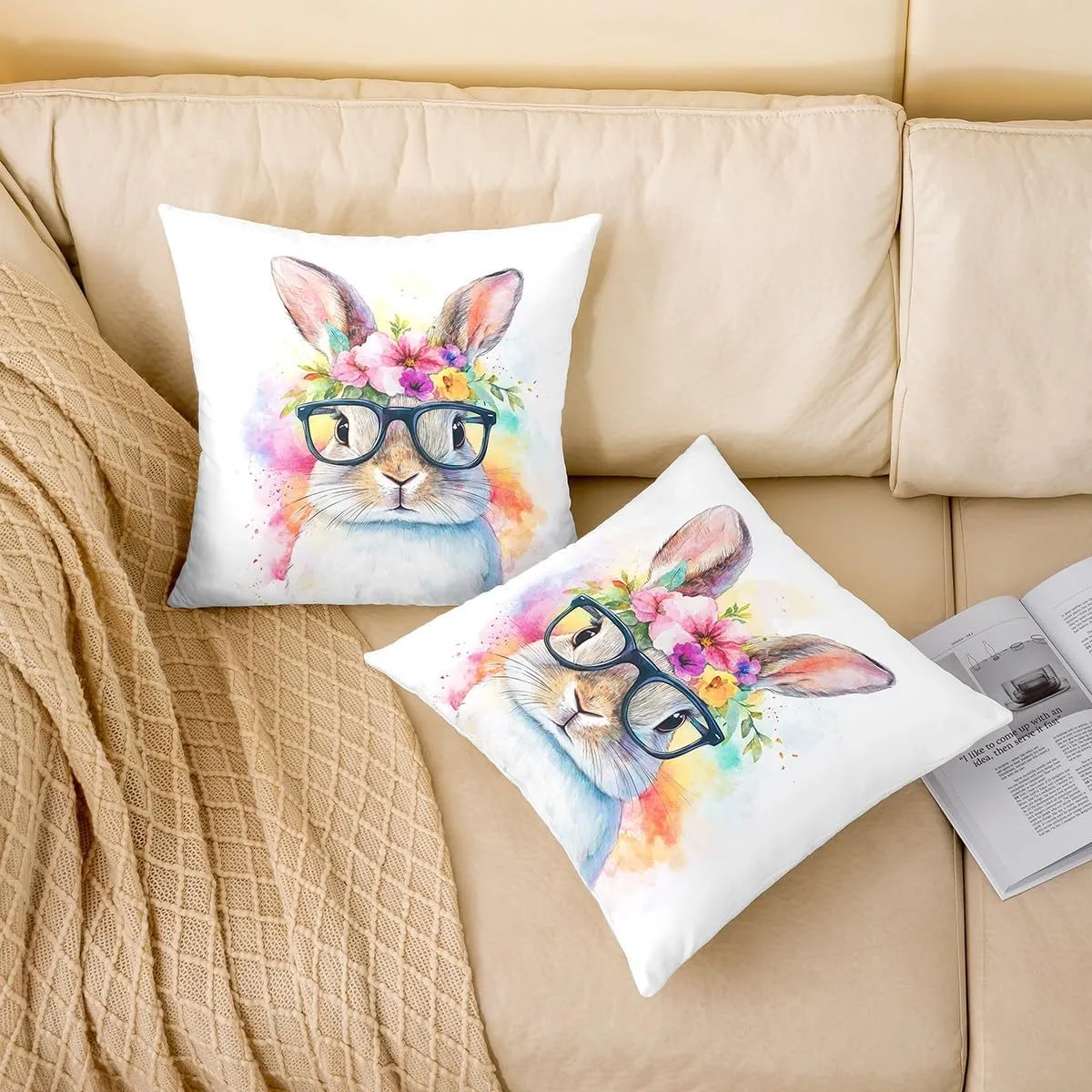 Kawaii Rabbit Pillow Covers 16"x16",Watercolor Farmhouse Rabbit Cushion Covers for Couch Sofa, Wild Aniamls Themed Outdoor Pillow Covers,Rustic Flowers Leaves Reversible Throw Pillow Covers