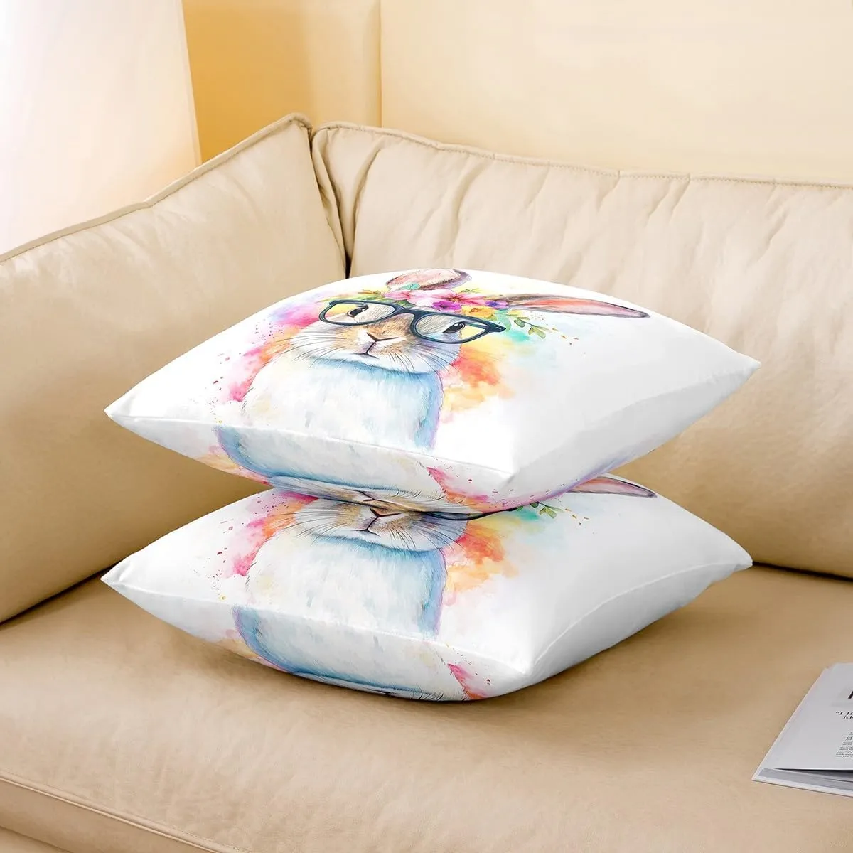 Kawaii Rabbit Pillow Covers 16"x16",Watercolor Farmhouse Rabbit Cushion Covers for Couch Sofa, Wild Aniamls Themed Outdoor Pillow Covers,Rustic Flowers Leaves Reversible Throw Pillow Covers