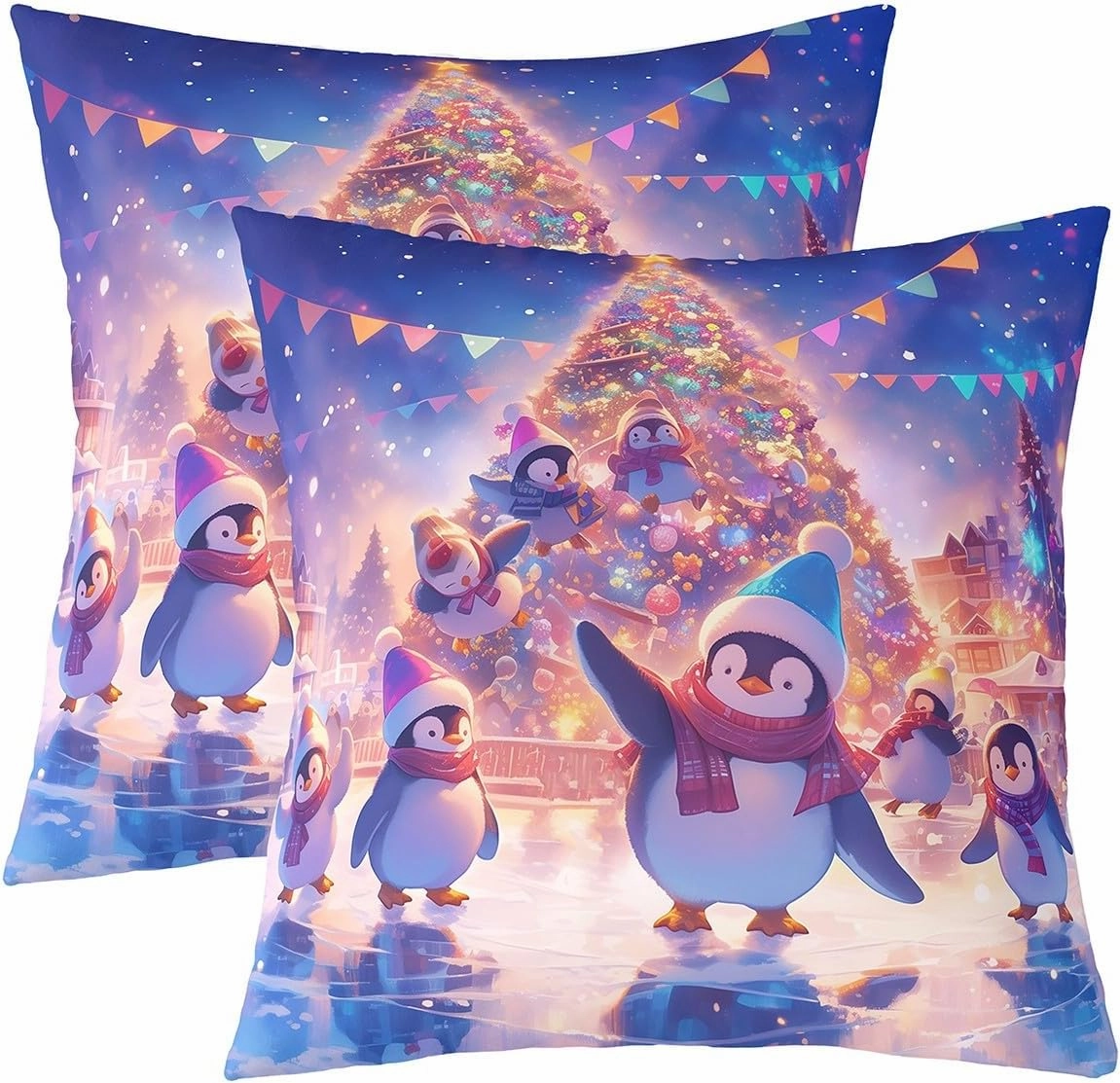 Kawaii Penguin Throw Pillow Covers Cute Cartoon Wild Animals Cushion Covers for Kids Boys Girls Teens Glitter Xmas Tree Merry Christmas Cushion Cases for Living Room Office 18x18 Inch Set of 2