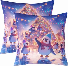 Kawaii Penguin Throw Pillow Covers Cute Cartoon Wild Animals Cushion Covers for Kids Boys Girls Teens Glitter Xmas Tree Merry Christmas Cushion Cases for Living Room Office 18x18 Inch Set of 2