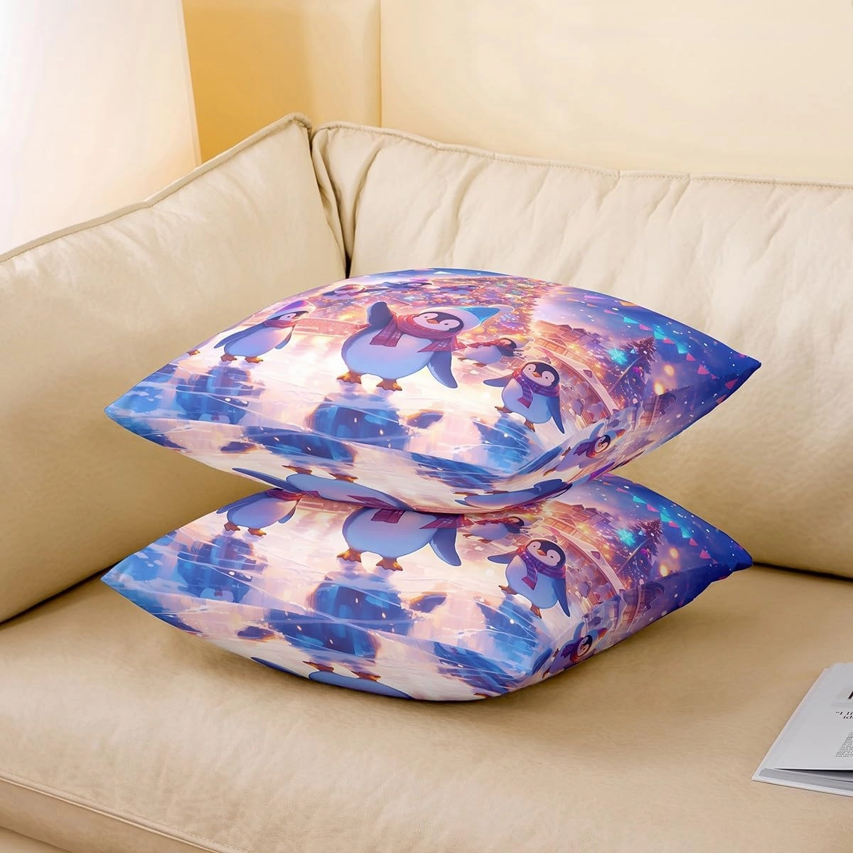 Kawaii Penguin Throw Pillow Covers Cute Cartoon Wild Animals Cushion Covers for Kids Boys Girls Teens Glitter Xmas Tree Merry Christmas Cushion Cases for Living Room Office 18x18 Inch Set of 2