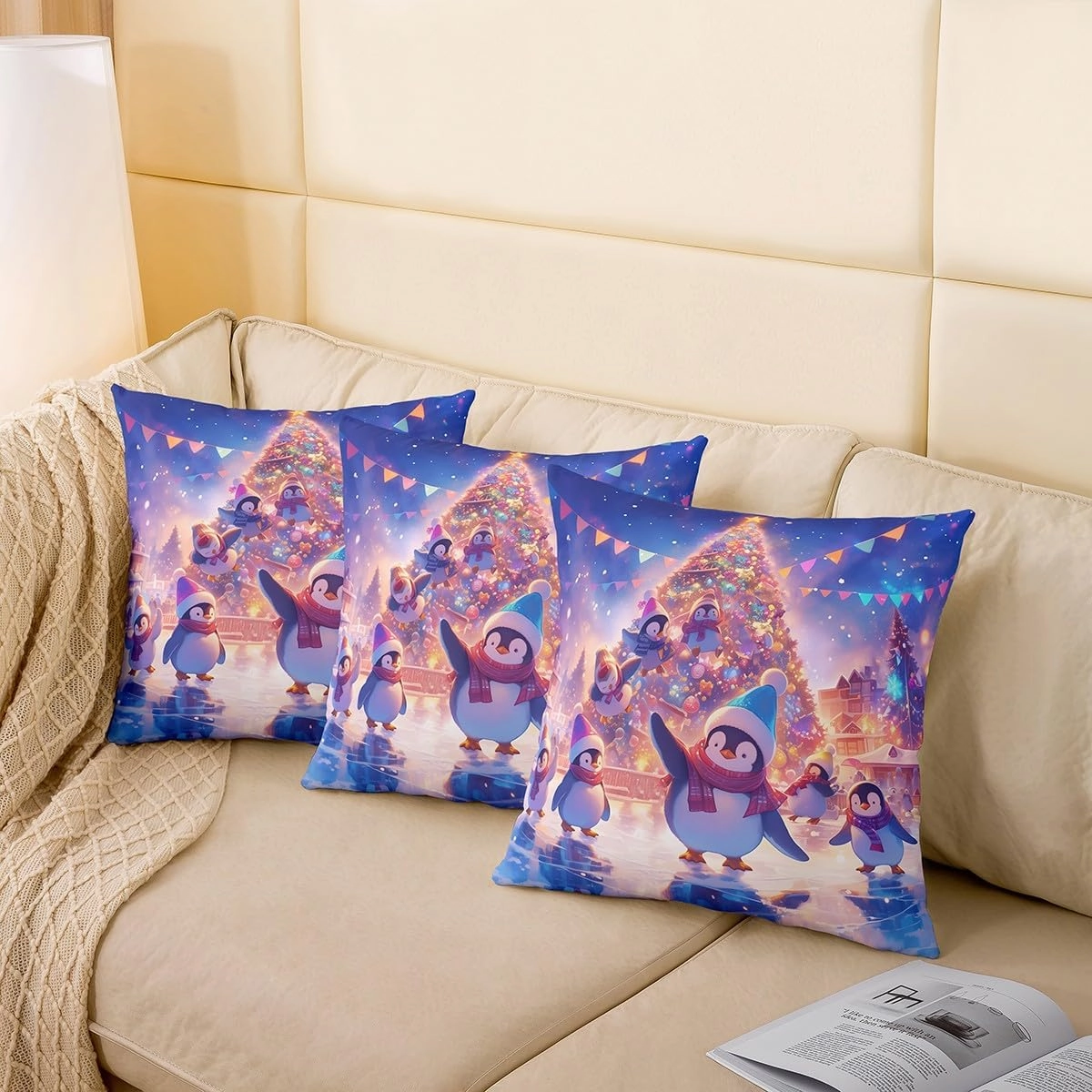 Kawaii Penguin Throw Pillow Covers Cute Cartoon Wild Animals Cushion Covers for Kids Boys Girls Teens Glitter Xmas Tree Merry Christmas Cushion Cases for Living Room Office 18x18 Inch Set of 2