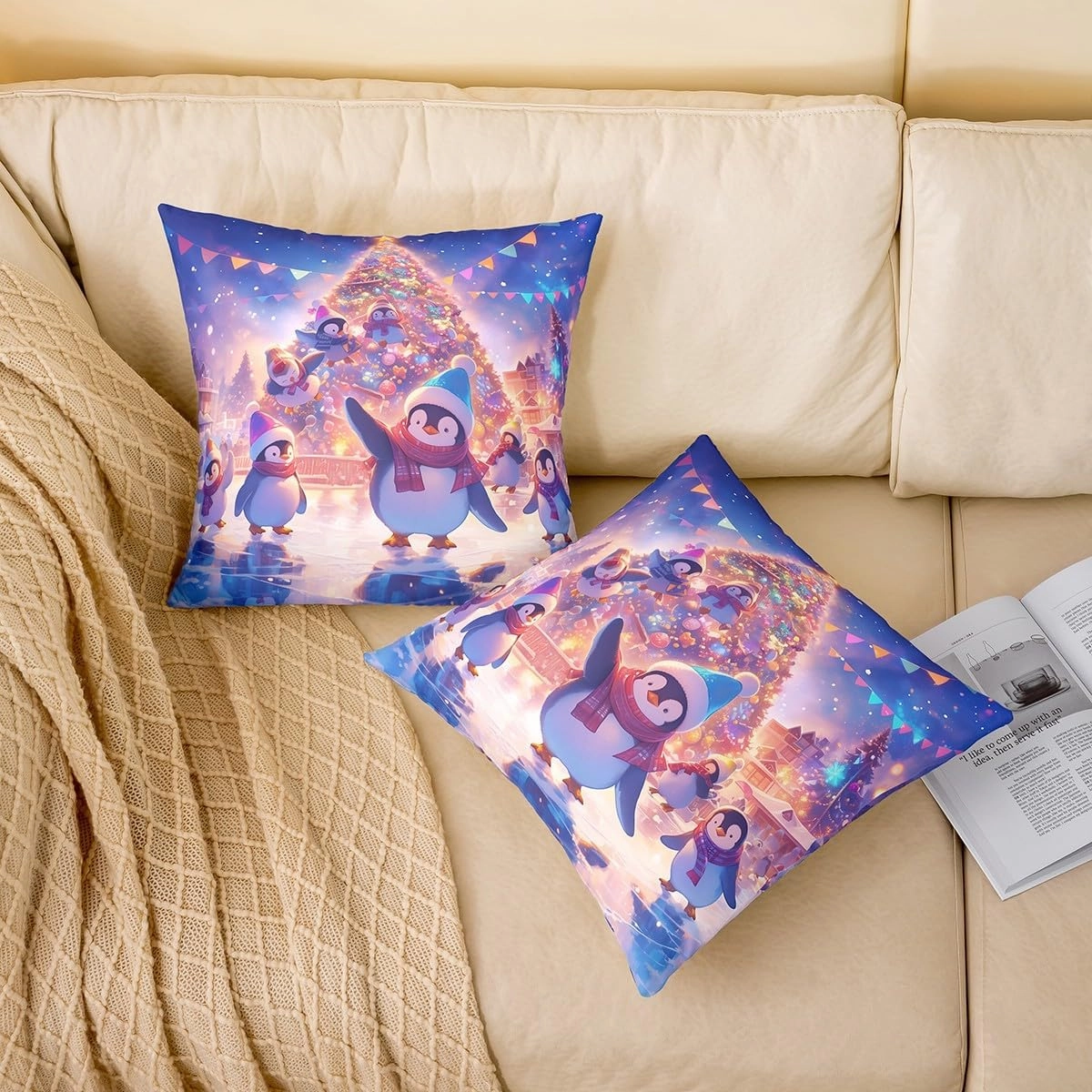 Kawaii Penguin Throw Pillow Covers Cute Cartoon Wild Animals Cushion Covers for Kids Boys Girls Teens Glitter Xmas Tree Merry Christmas Cushion Cases for Living Room Office 18x18 Inch Set of 2