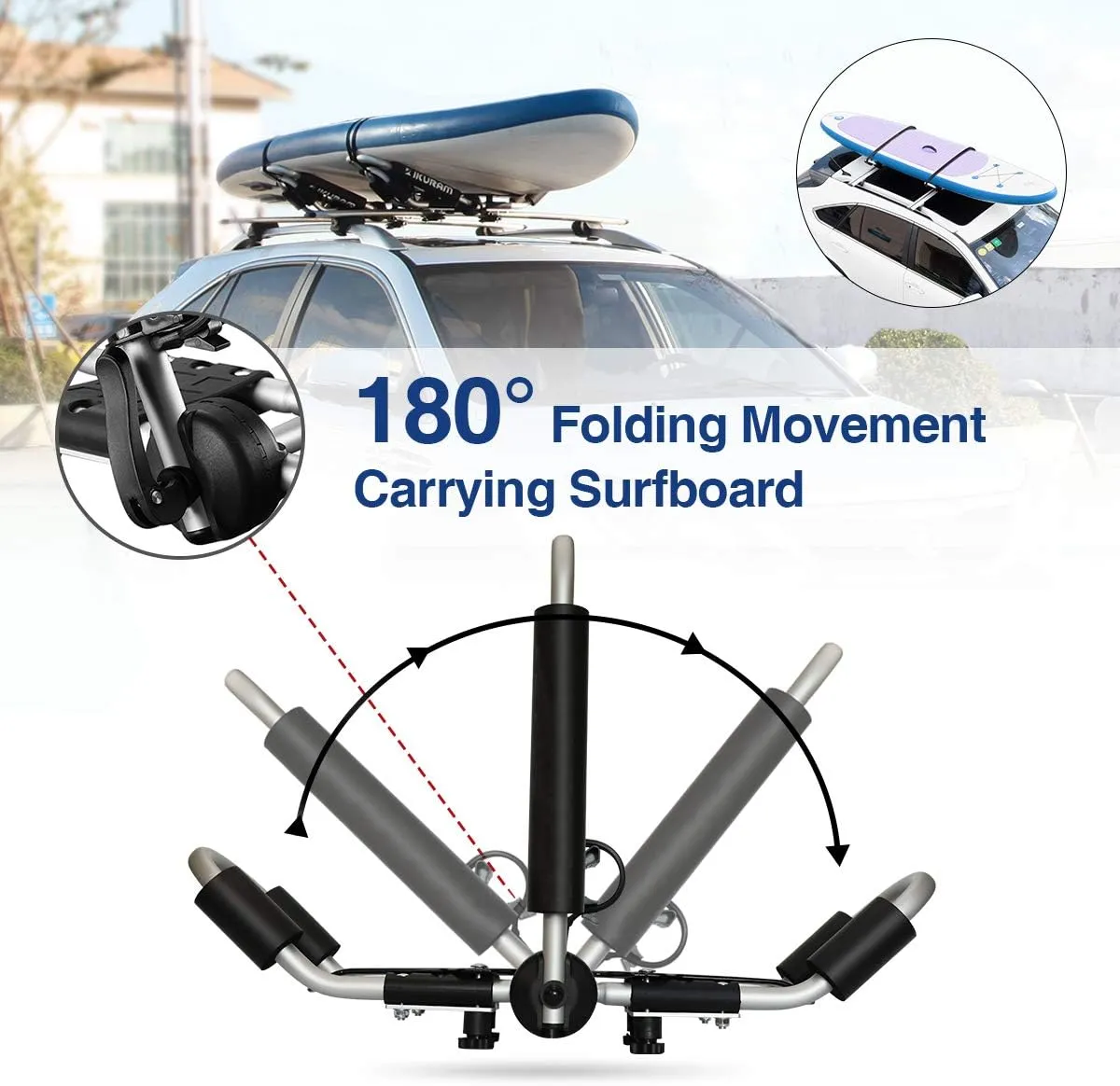Kayak Roof Carrier Rack, Strong Aluminum Anti-Rust Universal Canoe, SUP, Ski, Surfboard, Kayak Rooftop Mount Carrier, Lightweight Kayak Holder, J-Style Folding Kayak Rack for Car, SUV, Truck