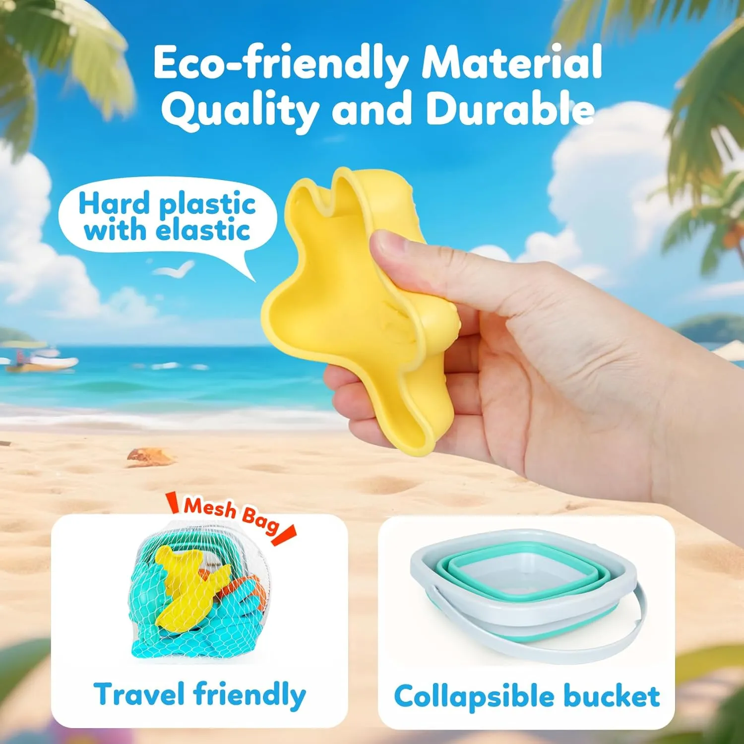 Kids Beach Toys Sandplayset Kit with Collapsible Bucket, Sand Molds, Sand Rake and Shovel, Travel Sand Toys for Ages 3-5 (Single Multi)