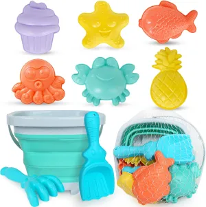 Kids Beach Toys Sandplayset Kit with Collapsible Bucket, Sand Molds, Sand Rake and Shovel, Travel Sand Toys for Ages 3-5 (Single Multi)