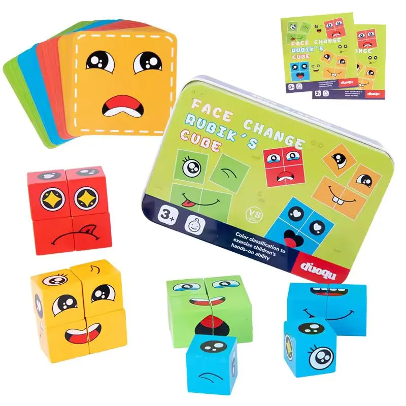 Kids Face Changing Magic Cube Puzzle for Kids, Rubik’s Cube Face Expression Toy, 16 Wooden Puzzles and 72 Playing Cards Expression Matching Emoji Educational Toy