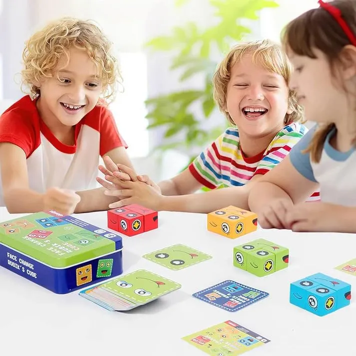 Kids Face Changing Magic Cube Puzzle for Kids, Rubik’s Cube Face Expression Toy, 16 Wooden Puzzles and 72 Playing Cards Expression Matching Emoji Educational Toy