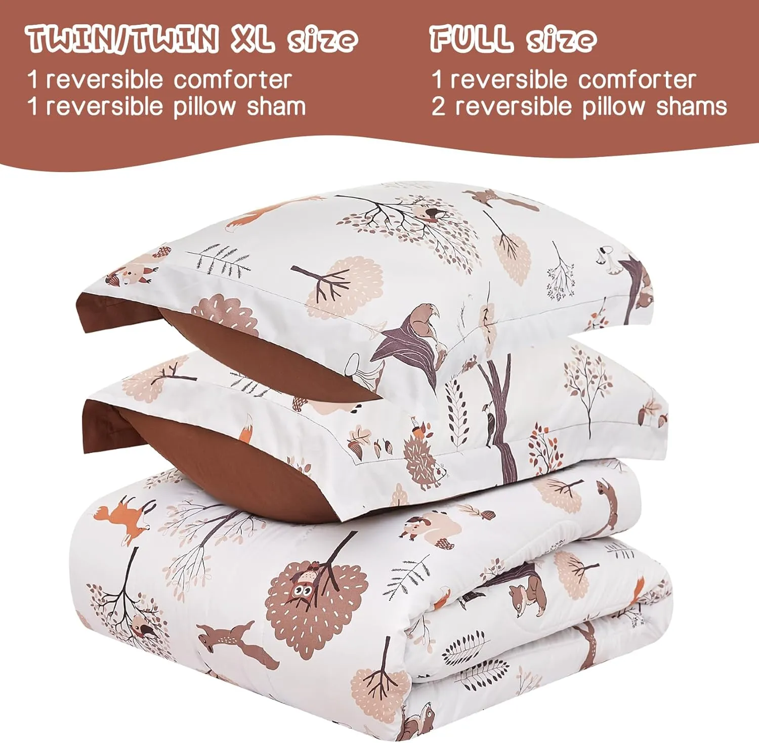 Kids Woodland Comforter Set for Boys Girls Twin Size, Cute Quilted Forest Animal Print Fall Bedding with Pillow Sham, Lightweight Soft Breathable Machine Camping Themed Bed Set 2 Piece