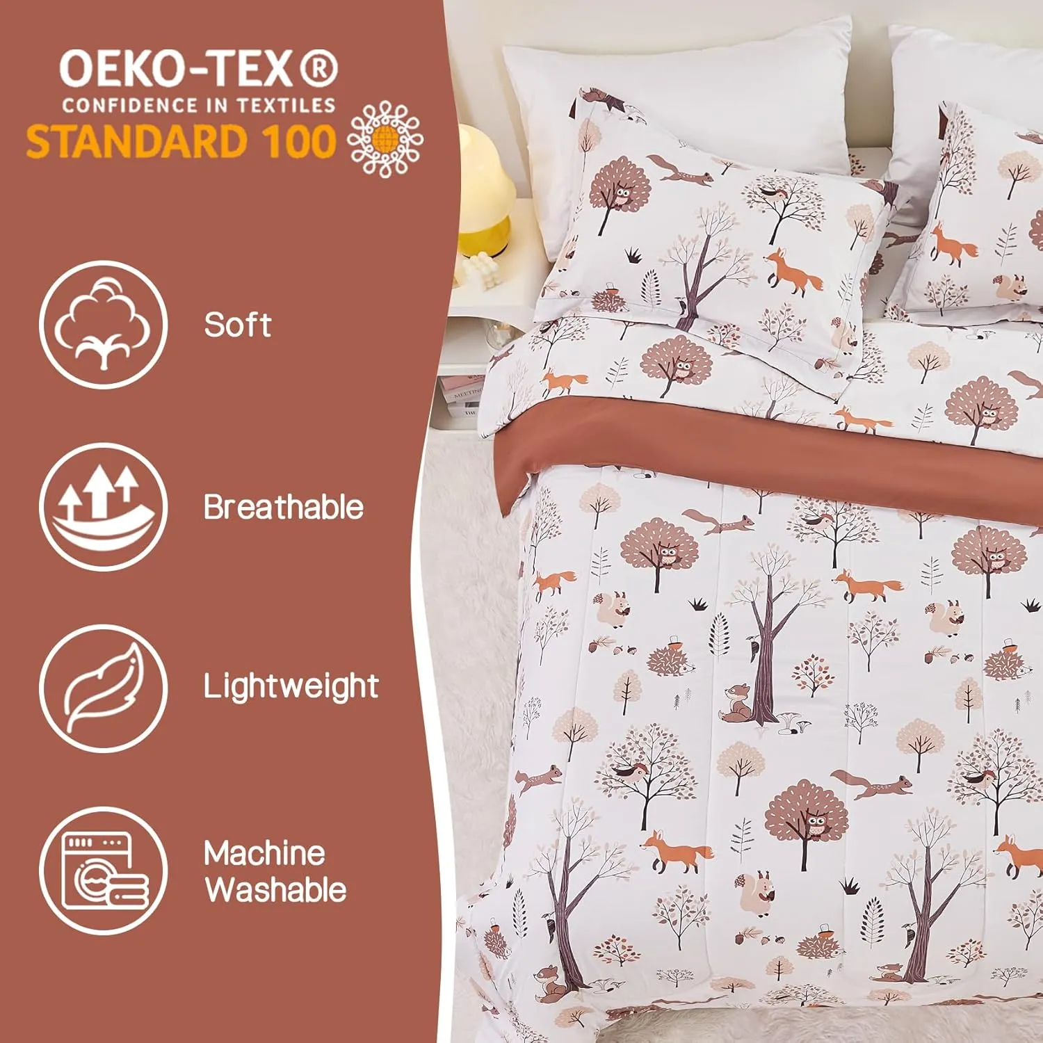 Kids Woodland Comforter Set for Boys Girls Twin Size, Cute Quilted Forest Animal Print Fall Bedding with Pillow Sham, Lightweight Soft Breathable Machine Camping Themed Bed Set 2 Piece