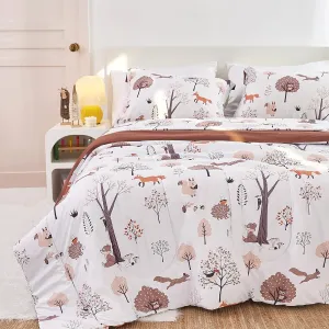 Kids Woodland Comforter Set for Boys Girls Twin Size, Cute Quilted Forest Animal Print Fall Bedding with Pillow Sham, Lightweight Soft Breathable Machine Camping Themed Bed Set 2 Piece