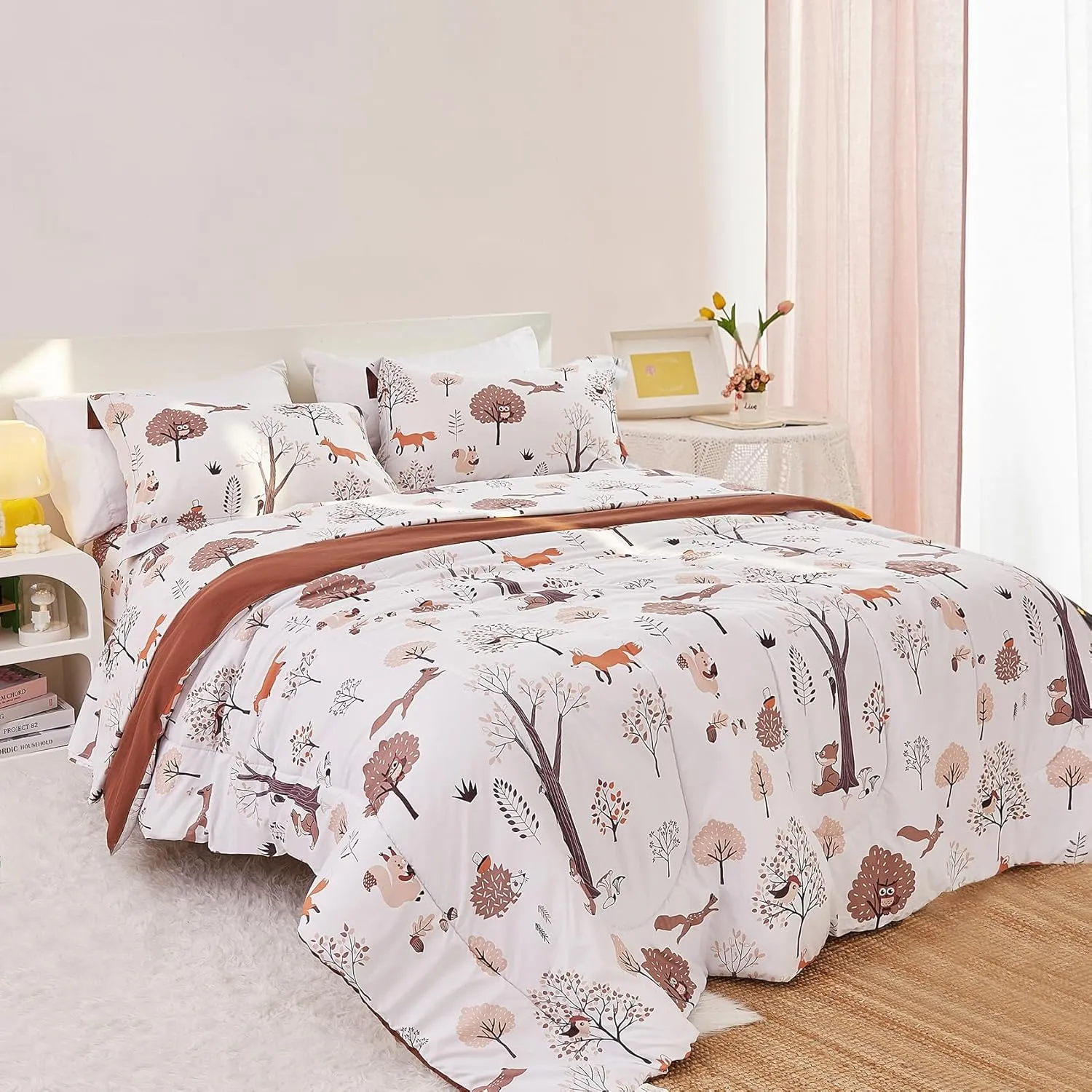 Kids Woodland Comforter Set for Boys Girls Twin Size, Cute Quilted Forest Animal Print Fall Bedding with Pillow Sham, Lightweight Soft Breathable Machine Camping Themed Bed Set 2 Piece