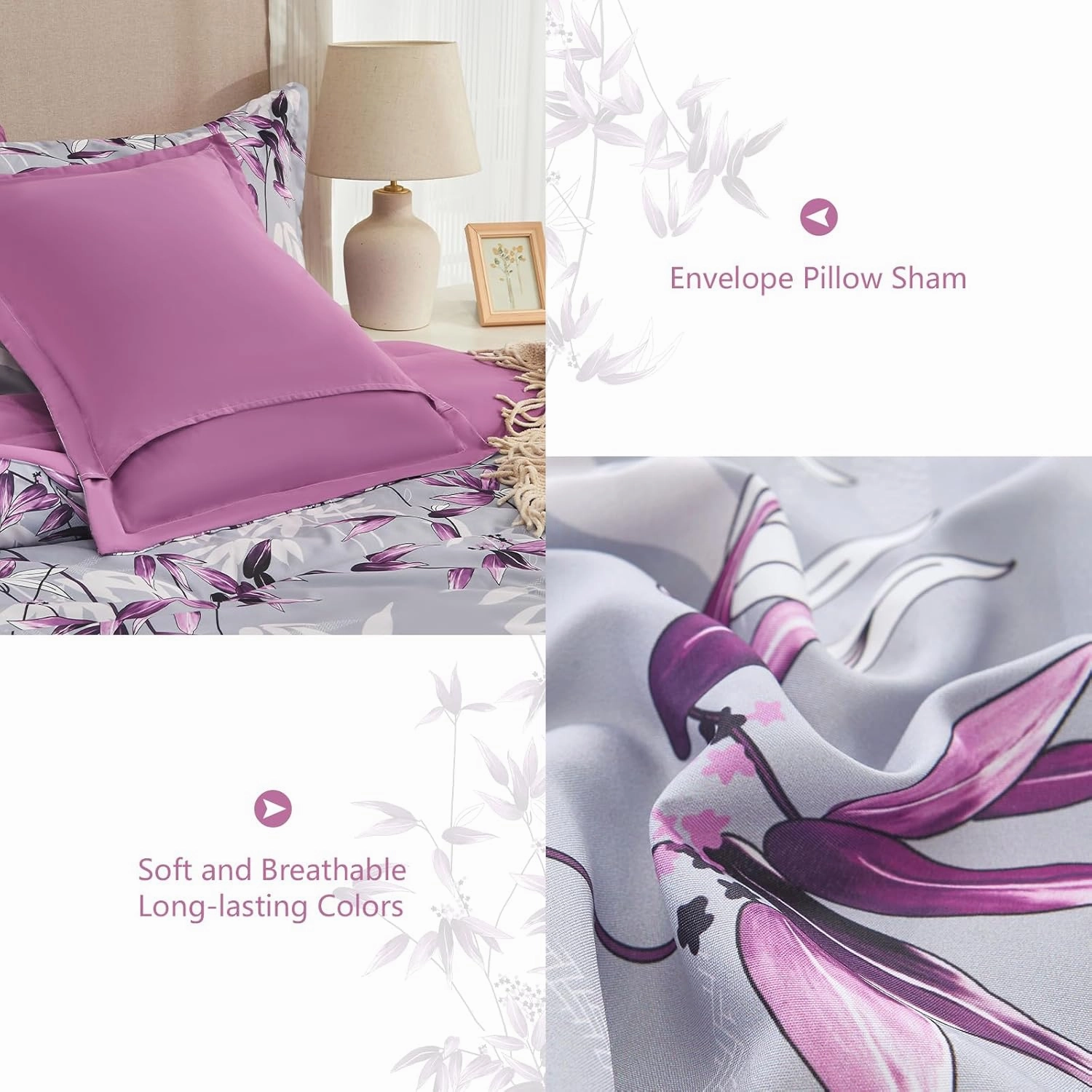 King Size Comforter Set Purple - 7 Pieces Bed in a Bag Botanical Leaf Pattern Bedding Set, Soft Lightweight King Bed Set with Comforter and Sheets for All Season (Purple,King)