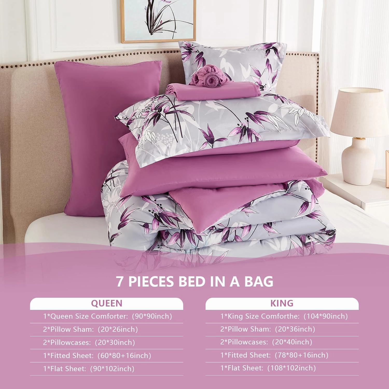 King Size Comforter Set Purple - 7 Pieces Bed in a Bag Botanical Leaf Pattern Bedding Set, Soft Lightweight King Bed Set with Comforter and Sheets for All Season (Purple,King)
