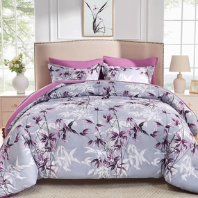 King Size Comforter Set Purple - 7 Pieces Bed in a Bag Botanical Leaf Pattern Bedding Set, Soft Lightweight King Bed Set with Comforter and Sheets for All Season (Purple,King)