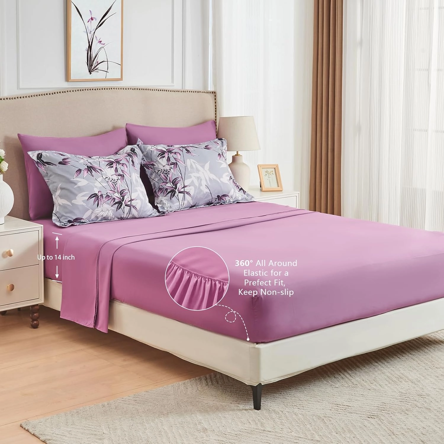 King Size Comforter Set Purple - 7 Pieces Bed in a Bag Botanical Leaf Pattern Bedding Set, Soft Lightweight King Bed Set with Comforter and Sheets for All Season (Purple,King)