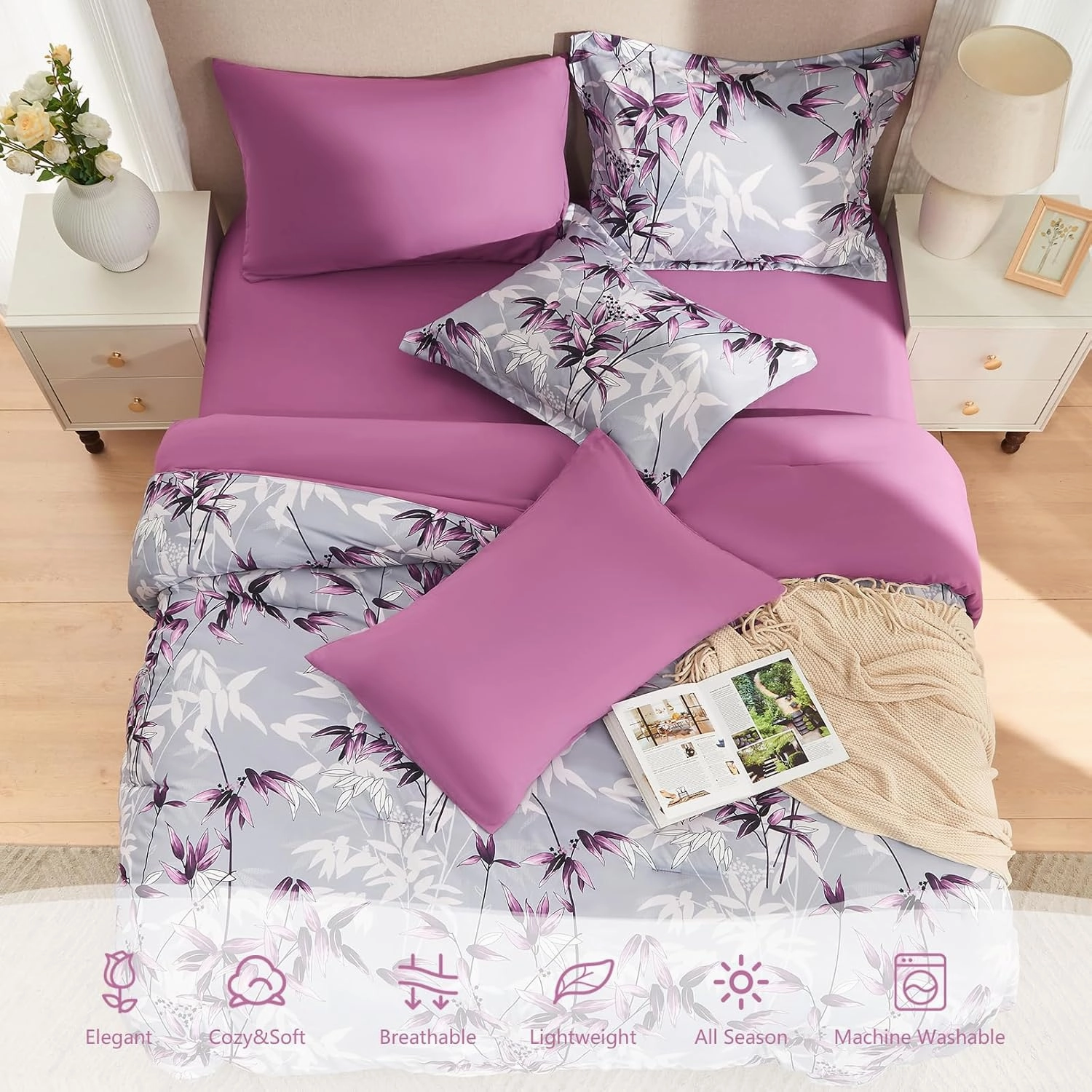 King Size Comforter Set Purple - 7 Pieces Bed in a Bag Botanical Leaf Pattern Bedding Set, Soft Lightweight King Bed Set with Comforter and Sheets for All Season (Purple,King)