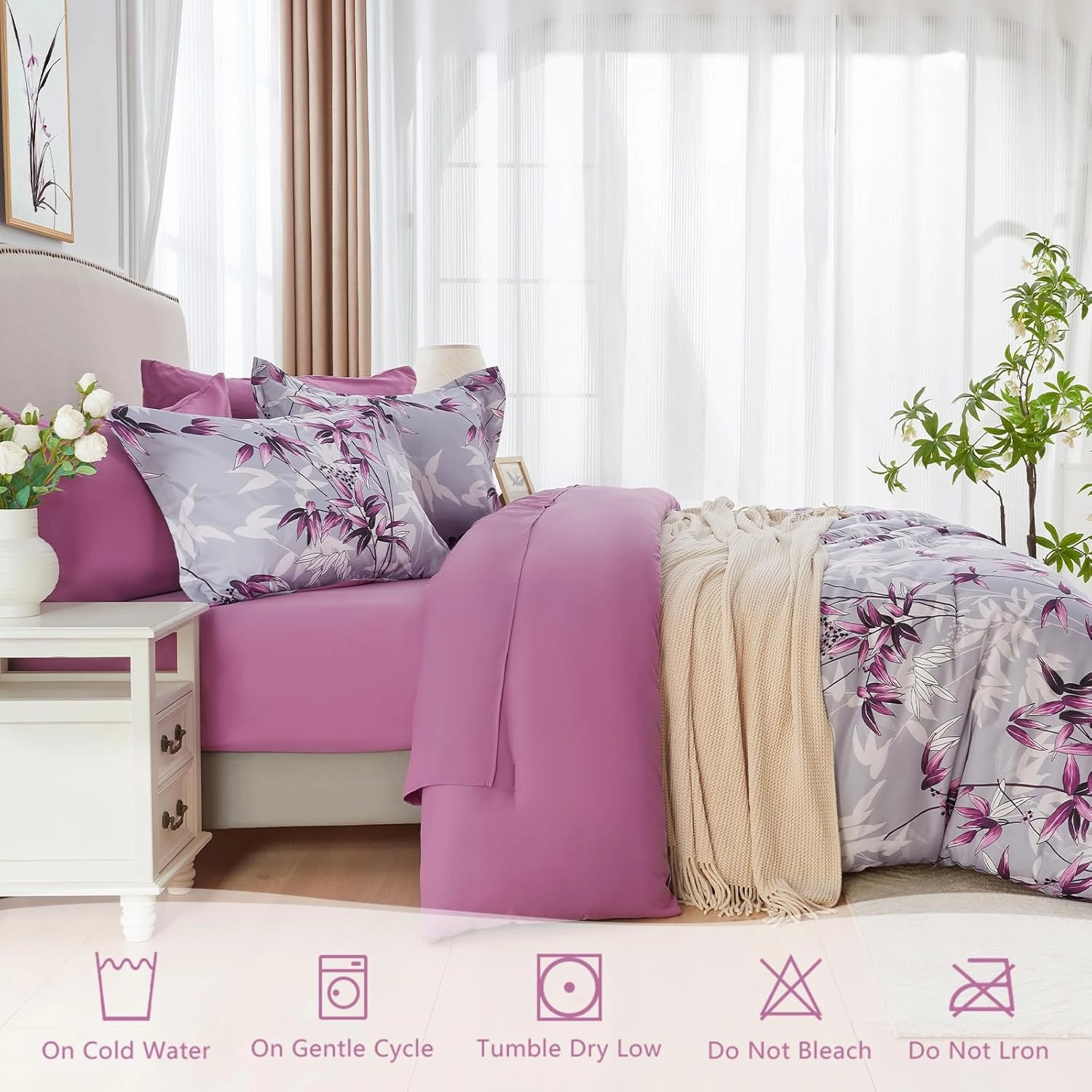 King Size Comforter Set Purple - 7 Pieces Bed in a Bag Botanical Leaf Pattern Bedding Set, Soft Lightweight King Bed Set with Comforter and Sheets for All Season (Purple,King)
