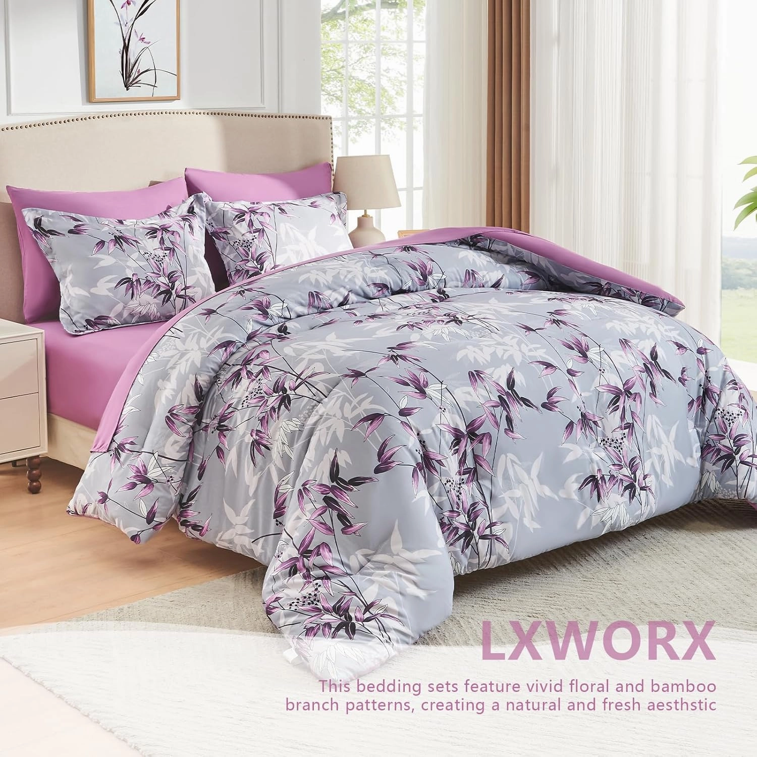 King Size Comforter Set Purple - 7 Pieces Bed in a Bag Botanical Leaf Pattern Bedding Set, Soft Lightweight King Bed Set with Comforter and Sheets for All Season (Purple,King)