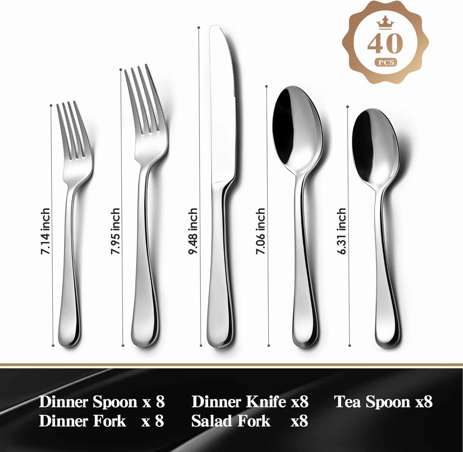 KINGSTONE 40 Pieces Silverware Set for 8, Premium Stainless Steel Flatware Set, Heavy Duty and Modern Design Cutlery Set, Mirror Polished, Dishwasher Safe