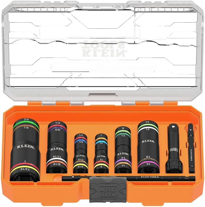 Klein Tools 656QS KNECT Quad Socket, 24 Sizes in 6 Sockets, 4-in-1 Color Coded SAE and Metric Impact Rated, Deep-Well Heavy-Duty, 1/4-and 3/8-Inch Drive, 3-1/2-and 6-1/2-Inch Shaft