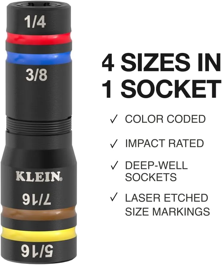 Klein Tools 656QS KNECT Quad Socket, 24 Sizes in 6 Sockets, 4-in-1 Color Coded SAE and Metric Impact Rated, Deep-Well Heavy-Duty, 1/4-and 3/8-Inch Drive, 3-1/2-and 6-1/2-Inch Shaft