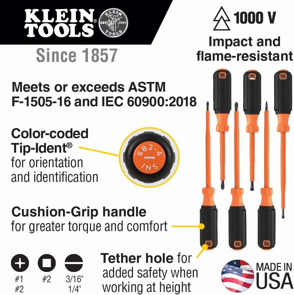 Klein Tools 85076INS Insulated Screwdriver Set features 1000V Electricial Screwdrivers, (3) Phillips and (2) Slotted and Square Tips, 6-Piece