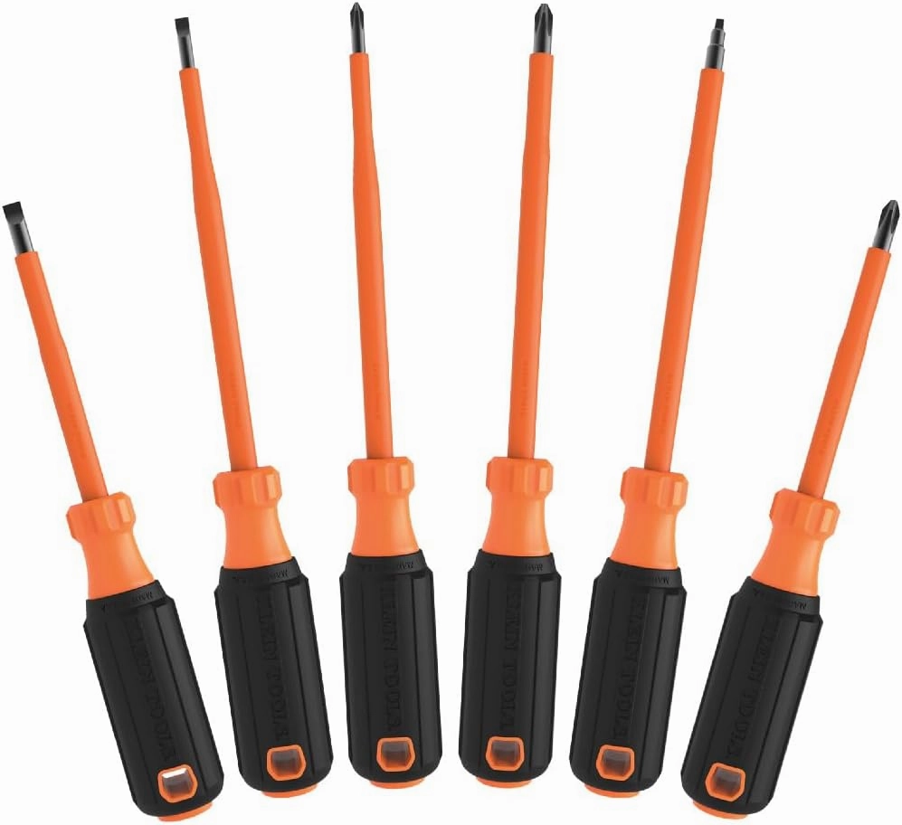 Klein Tools 85076INS Insulated Screwdriver Set features 1000V Electricial Screwdrivers, (3) Phillips and (2) Slotted and Square Tips, 6-Piece