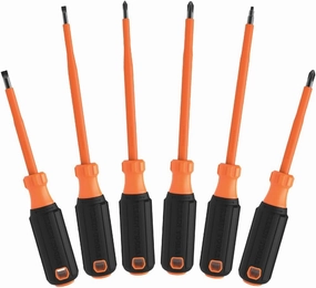 Klein Tools 85076INS Insulated Screwdriver Set features 1000V Electricial Screwdrivers, (3) Phillips and (2) Slotted and Square Tips, 6-Piece