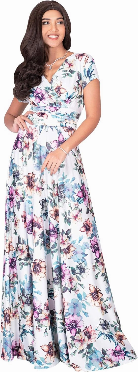 KOH KOH Womens Long Cap Sleeves Floral Print V-Neck Summer Sundress Maxi Dress