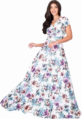 KOH KOH Womens Long Cap Sleeves Floral Print V-Neck Summer Sundress Maxi Dress