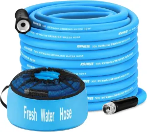 Kohree 50FT RV Water Hose with Storage Bag, 5/8'' Drinking Water Hose, No Odor, Leak Free, Heavy Duty, No Kink and Flexible Garden Hose 50 ft, Ideal RV Accessories for RV, Camper, Garden - Blue