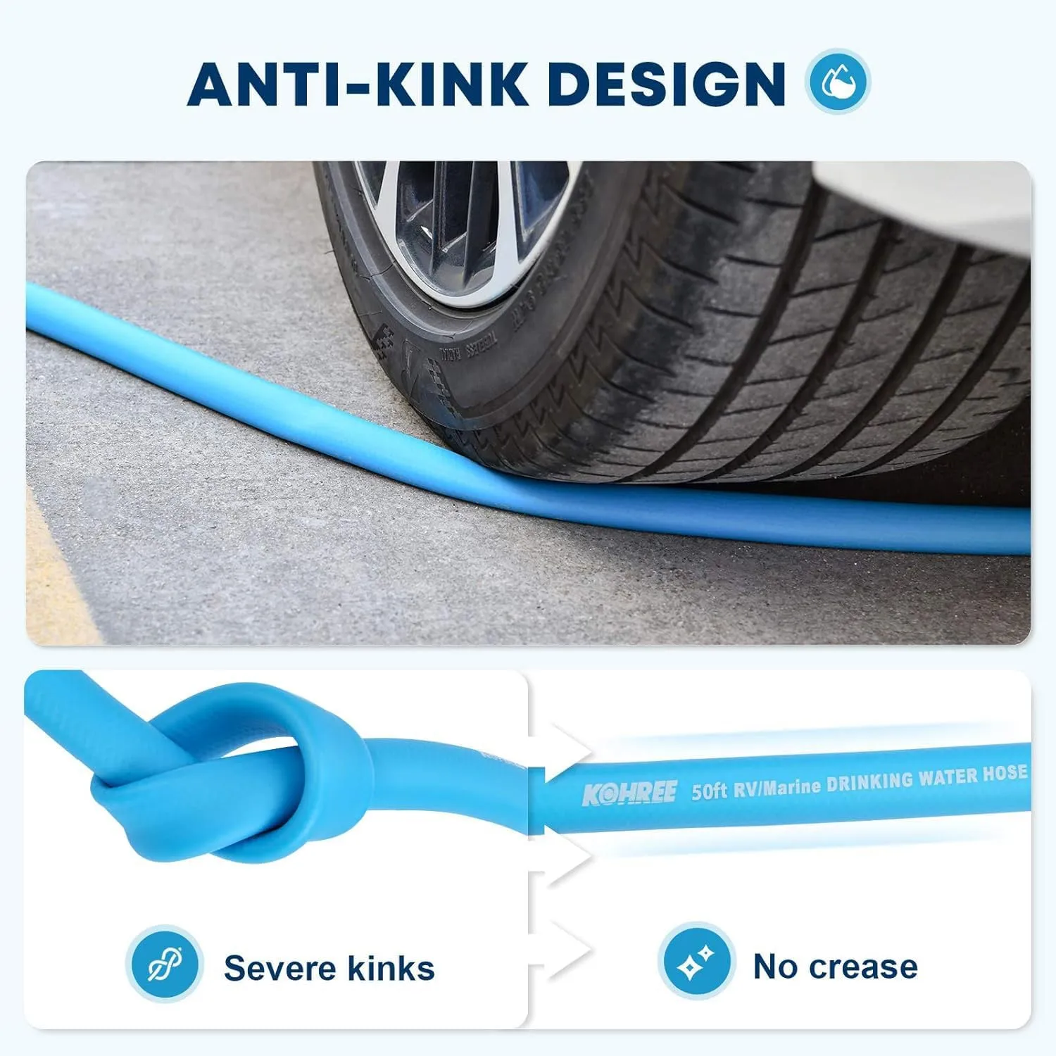 Kohree 50FT RV Water Hose with Storage Bag, 5/8'' Drinking Water Hose, No Odor, Leak Free, Heavy Duty, No Kink and Flexible Garden Hose 50 ft, Ideal RV Accessories for RV, Camper, Garden - Blue