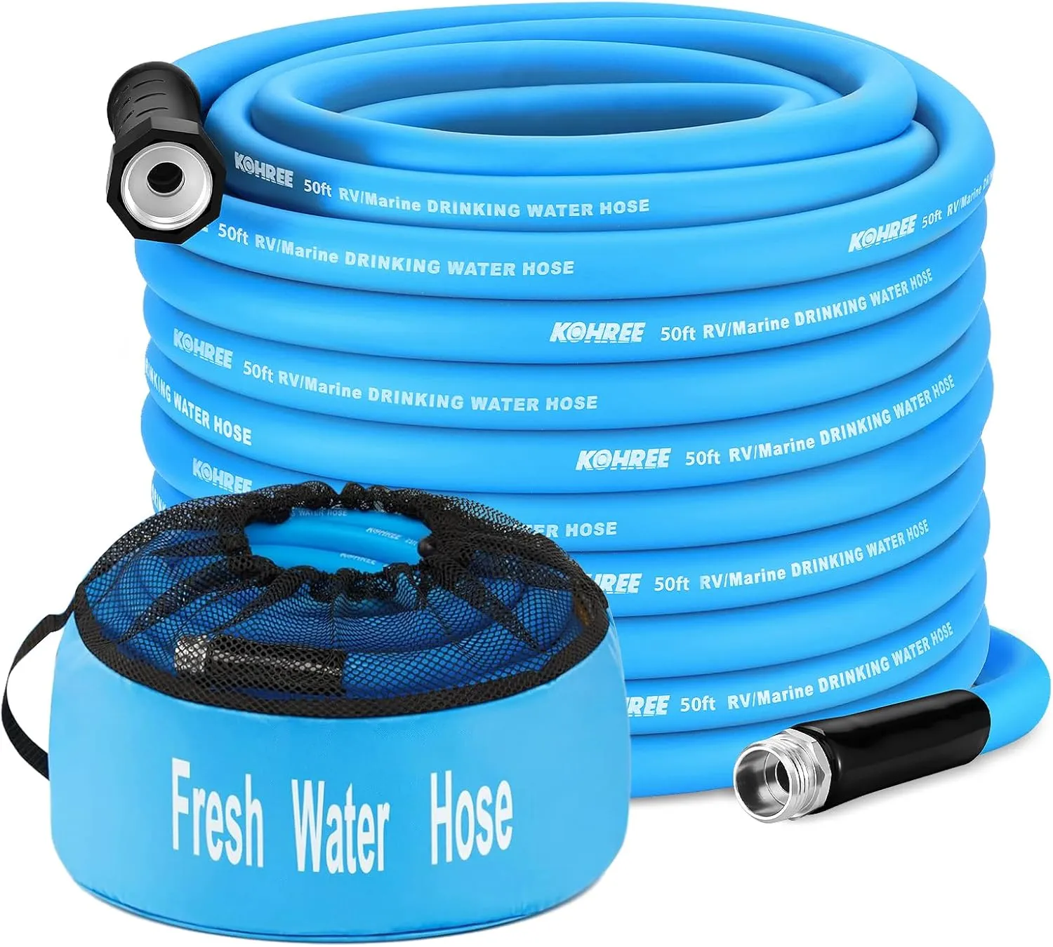 Kohree 50FT RV Water Hose with Storage Bag, 5/8'' Drinking Water Hose, No Odor, Leak Free, Heavy Duty, No Kink and Flexible Garden Hose 50 ft, Ideal RV Accessories for RV, Camper, Garden - Blue