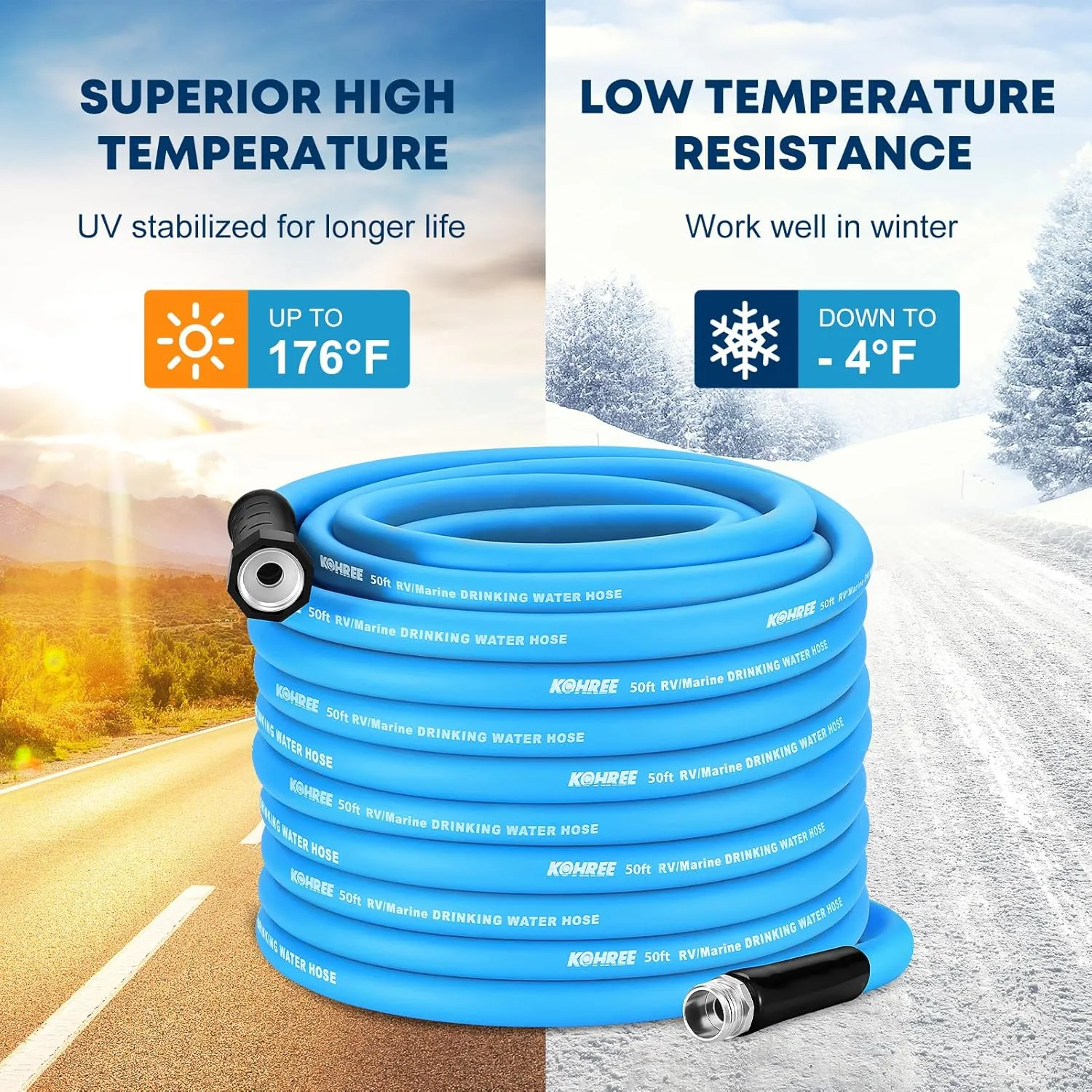 Kohree 50FT RV Water Hose with Storage Bag, 5/8'' Drinking Water Hose, No Odor, Leak Free, Heavy Duty, No Kink and Flexible Garden Hose 50 ft, Ideal RV Accessories for RV, Camper, Garden - Blue