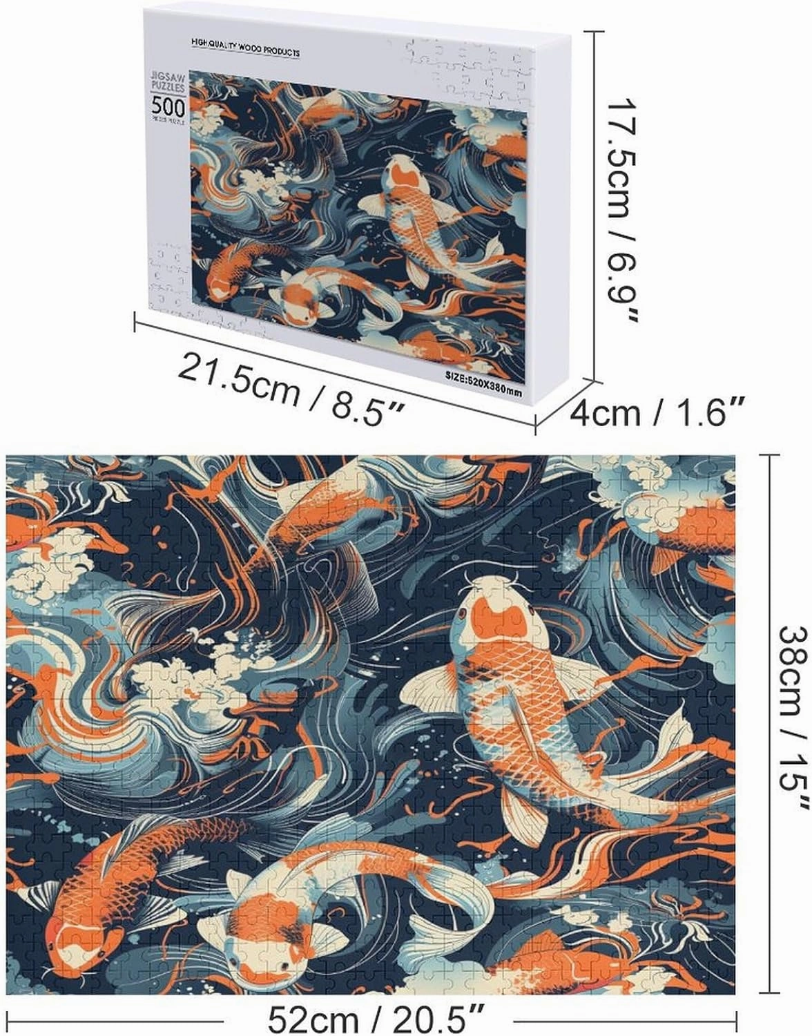 Koi 500 Piece Jigsaw Puzzle,Pond Fish Wooden Puzzle for Adults, Wooden Puzzle,Challenging Family Games