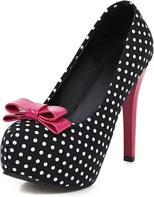 KOKOMOMO Womens Polka Dot High Heels Round Toe Platform Stiletto Pumps with Bows