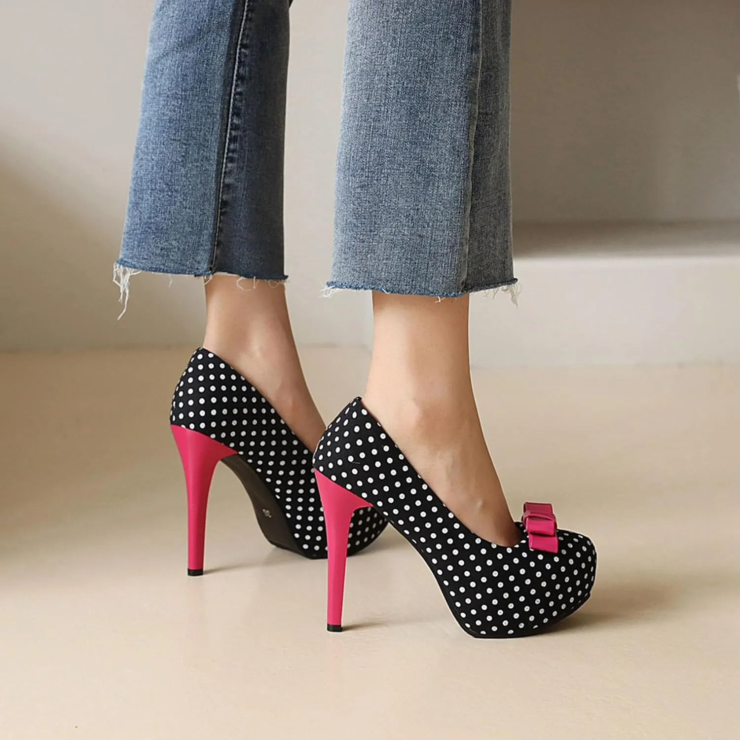 KOKOMOMO Womens Polka Dot High Heels Round Toe Platform Stiletto Pumps with Bows