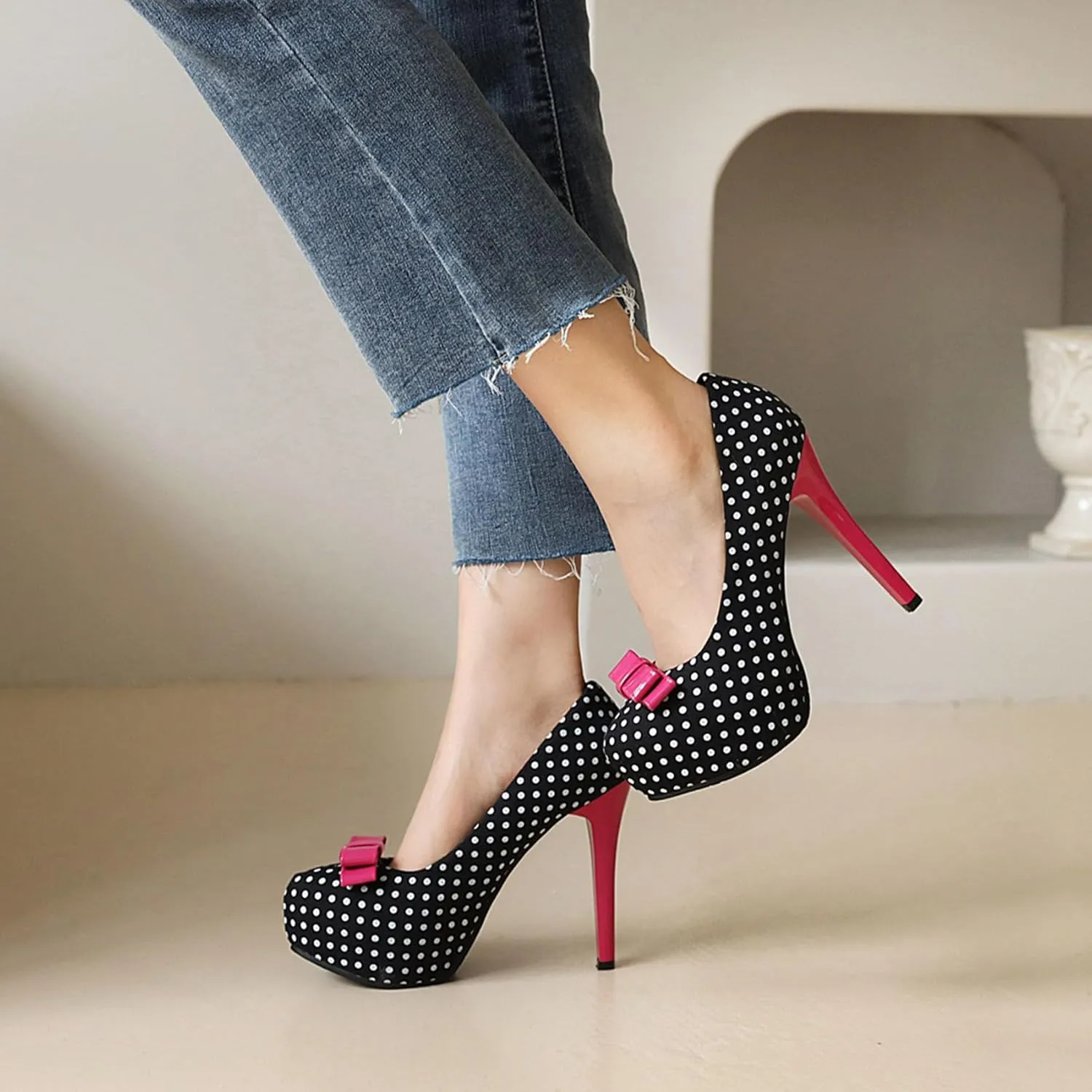 KOKOMOMO Womens Polka Dot High Heels Round Toe Platform Stiletto Pumps with Bows