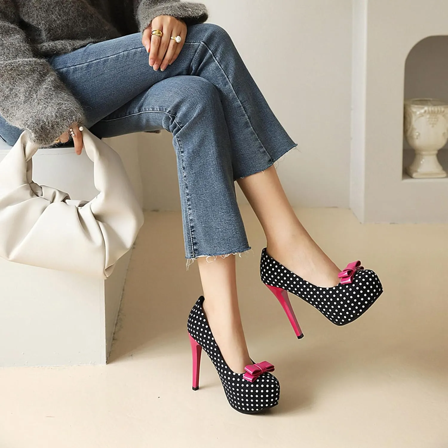 KOKOMOMO Womens Polka Dot High Heels Round Toe Platform Stiletto Pumps with Bows