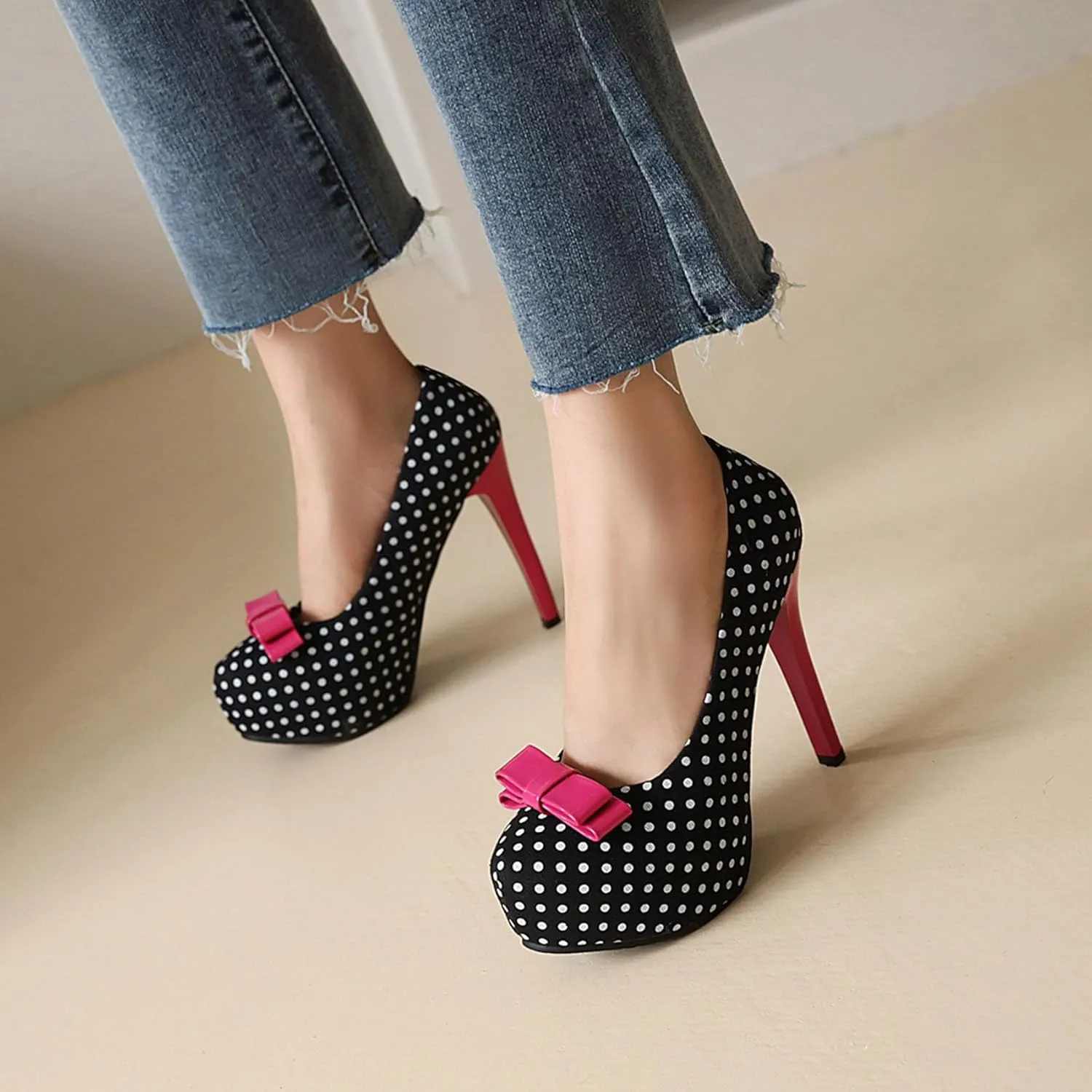 KOKOMOMO Womens Polka Dot High Heels Round Toe Platform Stiletto Pumps with Bows