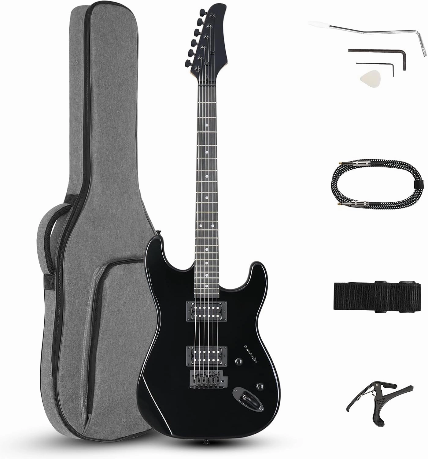Ktaxon 39 Inch Electric Guitar, Full Size Solid Body H-H Pickups 6 Strings Beginner Guitar Kit With Upgrade Cable & Guitar Capo, Tremolo Arm, Gig Bag & Strap (Bright Black)