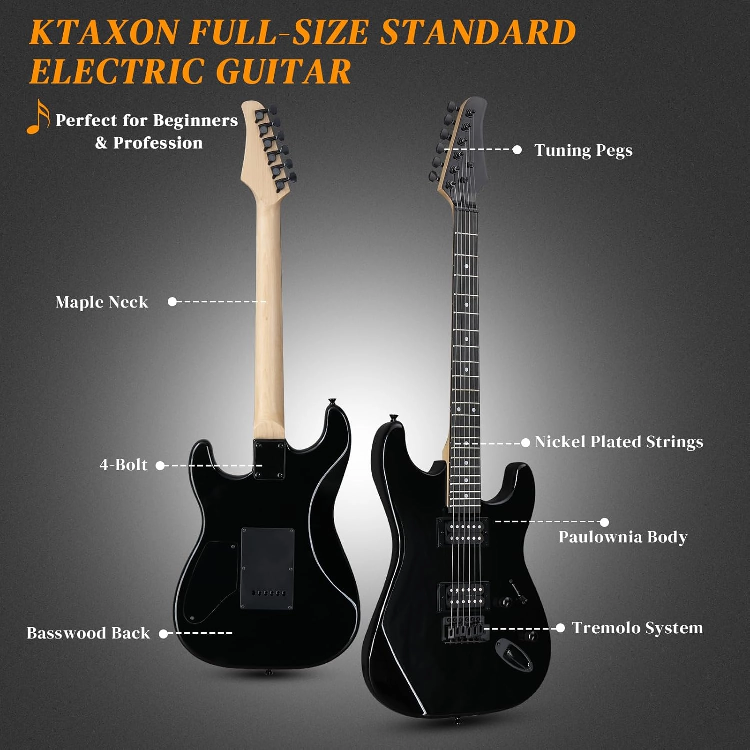 Ktaxon 39 Inch Electric Guitar, Full Size Solid Body H-H Pickups 6 Strings Beginner Guitar Kit With Upgrade Cable & Guitar Capo, Tremolo Arm, Gig Bag & Strap (Bright Black)